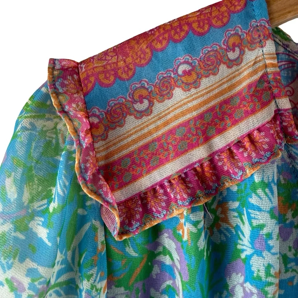Anthro Current Air Mini Dress L Blue Floral Ruffle Smocked Fairy Tale Boho Chic - Picture 7 of 8